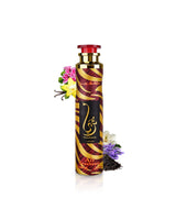 Lattafa thuraya air freshener bottle surrounded by fragrance notes like vanilla and lavender shows against white background