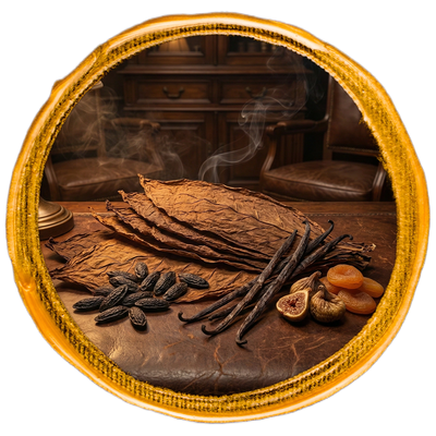 Spices and tobacco leaves on a wooden surface with a decorative gold frame.
