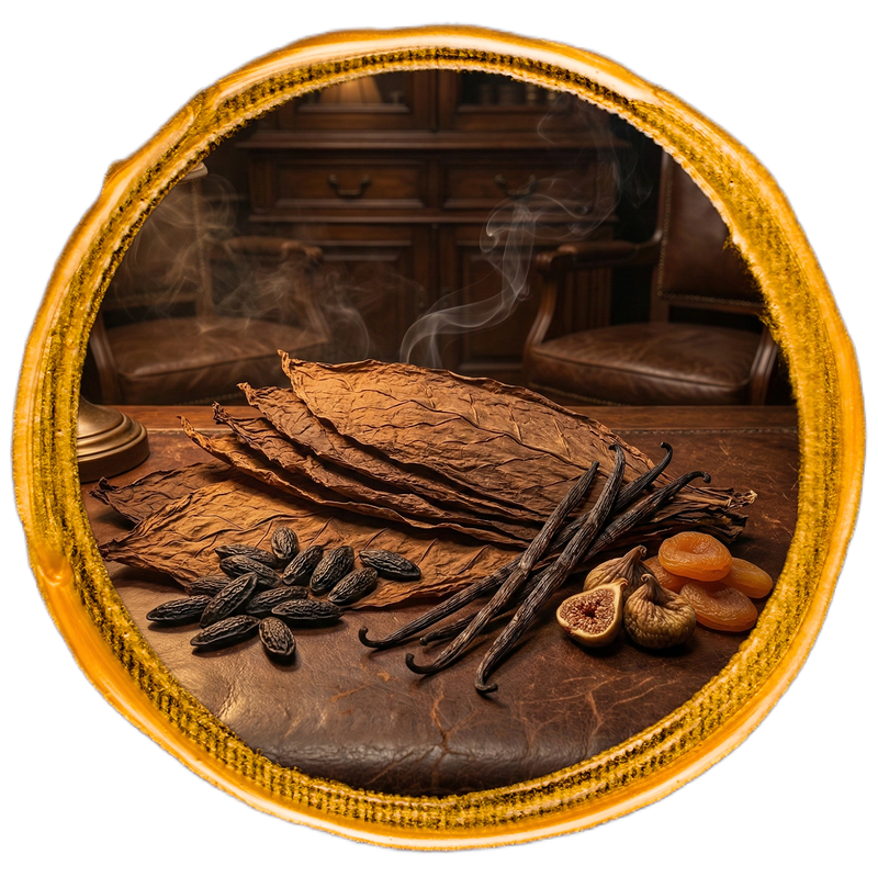 Spices and tobacco leaves on a wooden surface with a decorative gold frame.