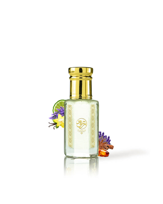 dominion perfume oil bottle Perfume bottle with gold cap and decorative elements like vanilla and lavender on a white background