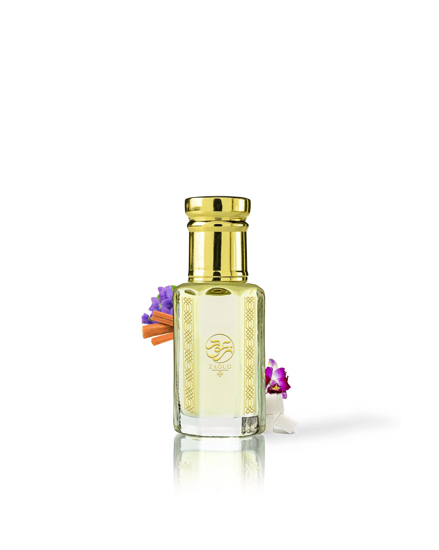 velvet skin perfume oil bottle surrounded by violet and sugr shows against white background