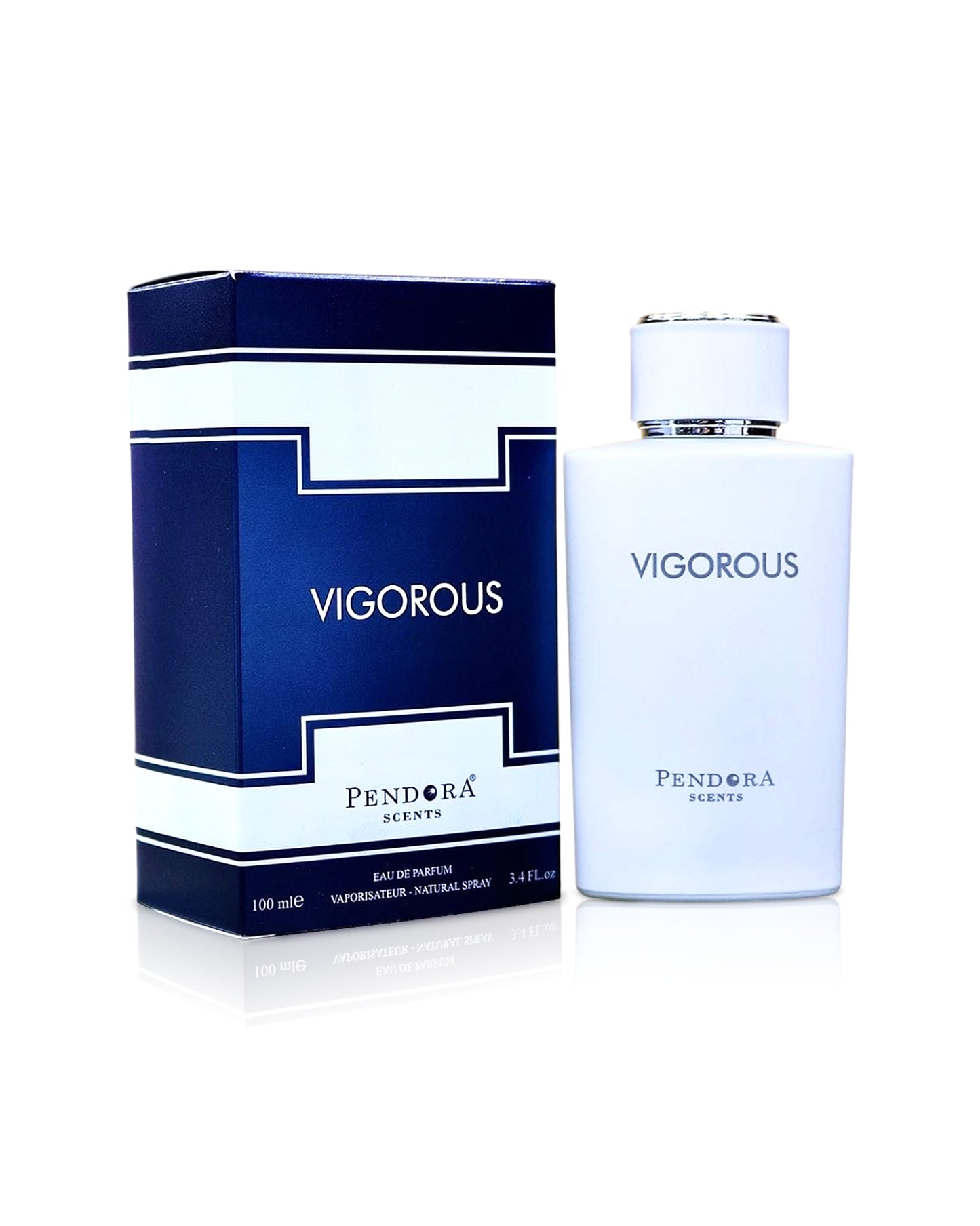 pendora scents vigorous perfume bottle shows beside its box against white background