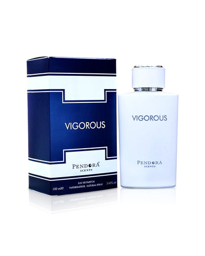 pendora scents vigorous perfume bottle shows beside its box against white background