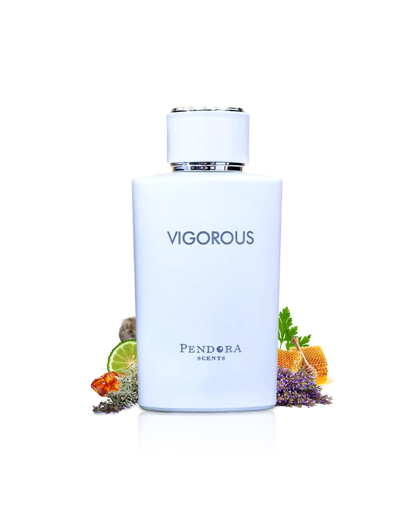 Pendora Scents Vigorous perfume bottle with decorative elements like moss and lavender on a white background