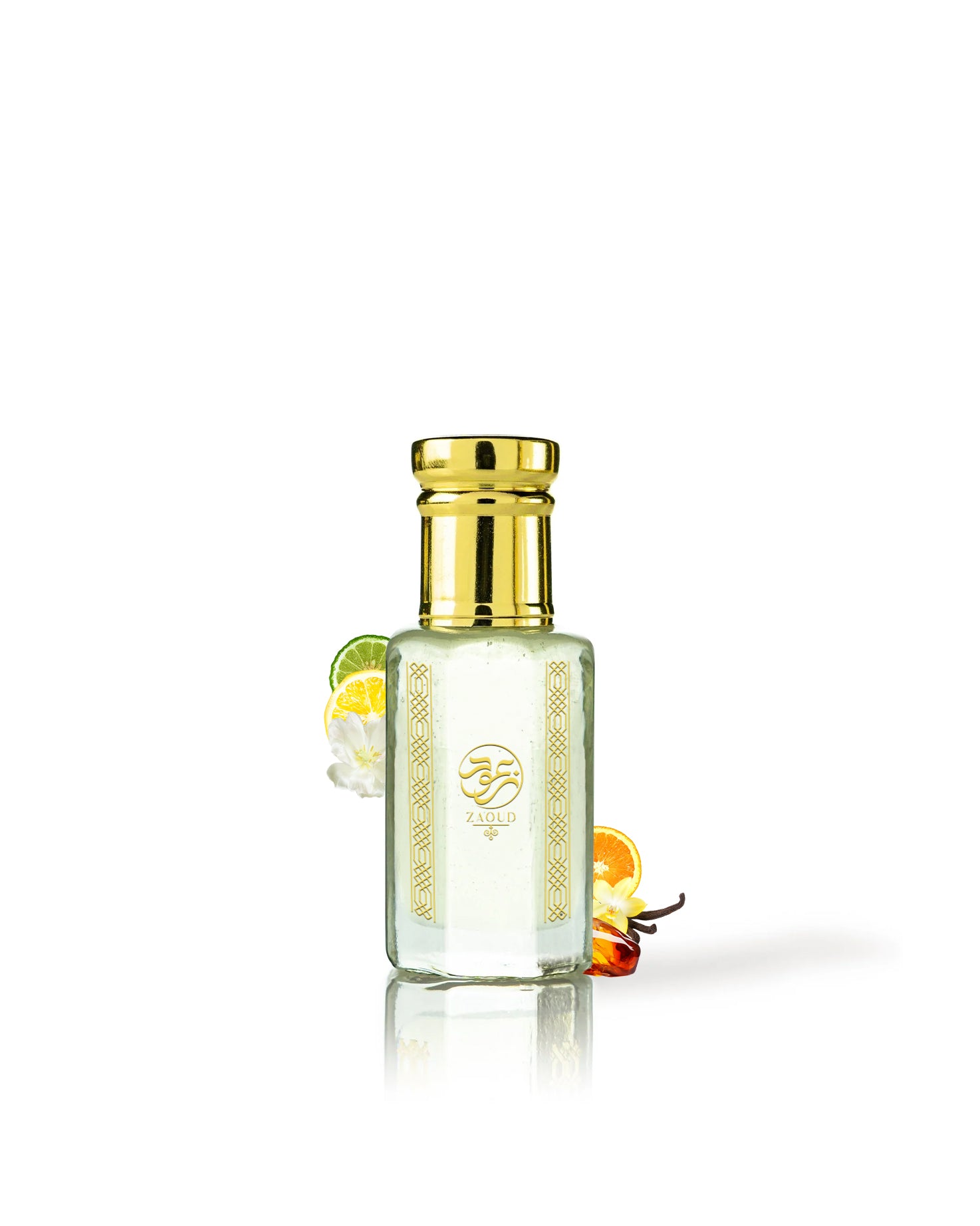 VIRELLA Erba Pura Perfume oil bottle surrounded with fragrance notes like amber and vanilla against white background