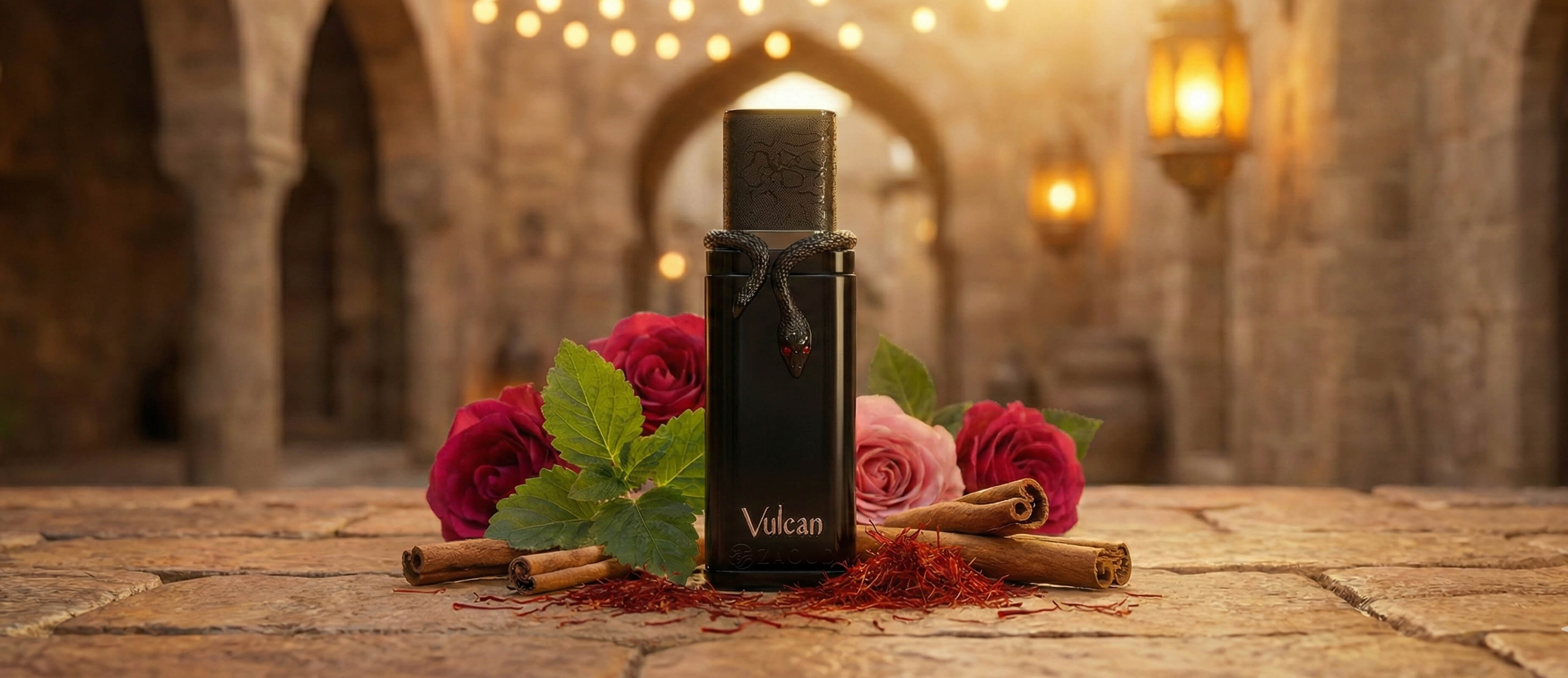 Black bottle labeled 'Vulcan' with flowers and cinnamon sticks on a wooden surface in a warm, blurred background.