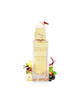 VANILLA on the beach perfume bottle surrounded by fragrance notes like pear and tonka shows against white background