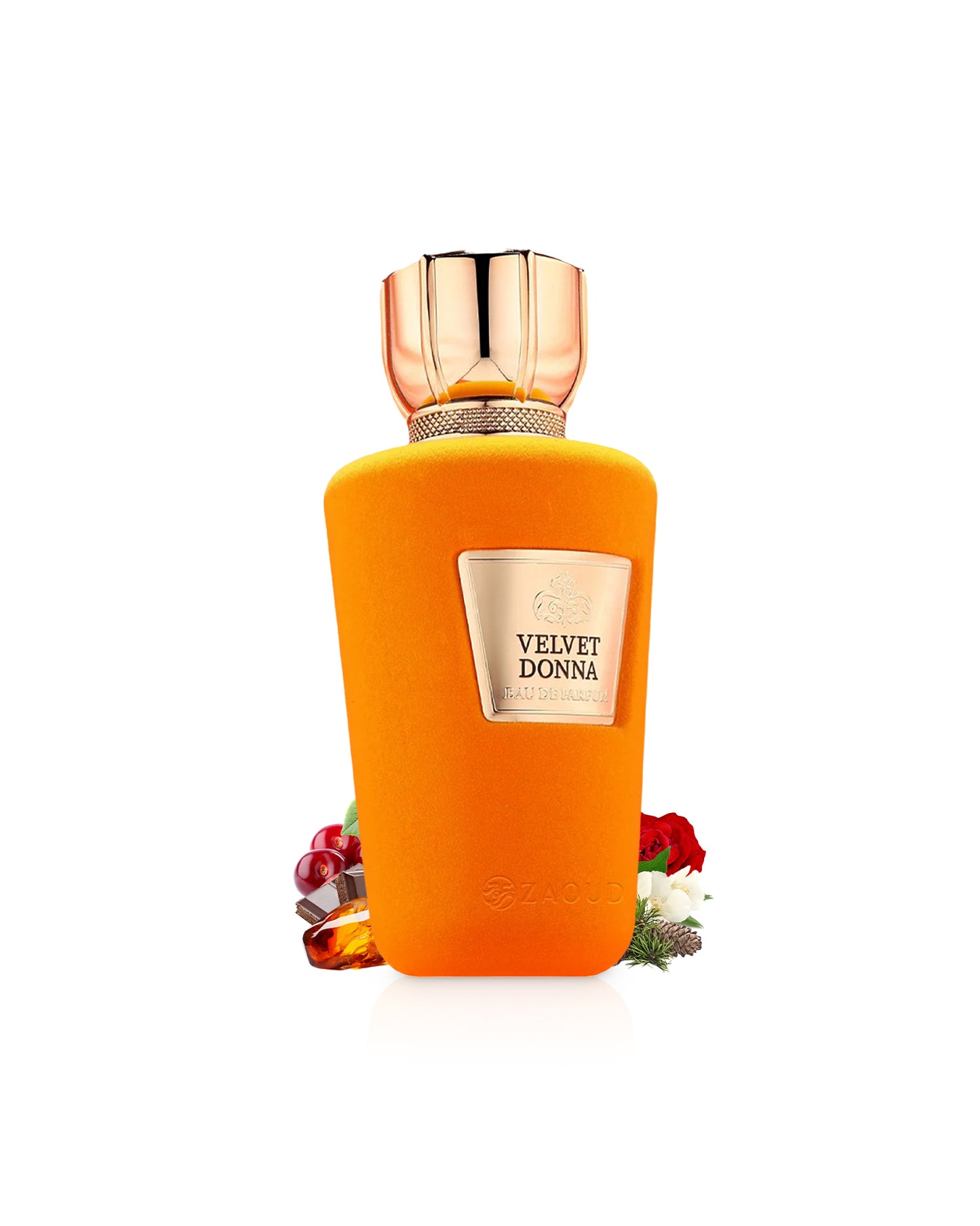 velvet donna perfume bottle surrounded with fragrance notes like amber and cherry shows against white background