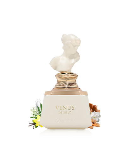 venus de milo perfume bottle surrounded with fragrance notes like vanilla and caramel shows against white background