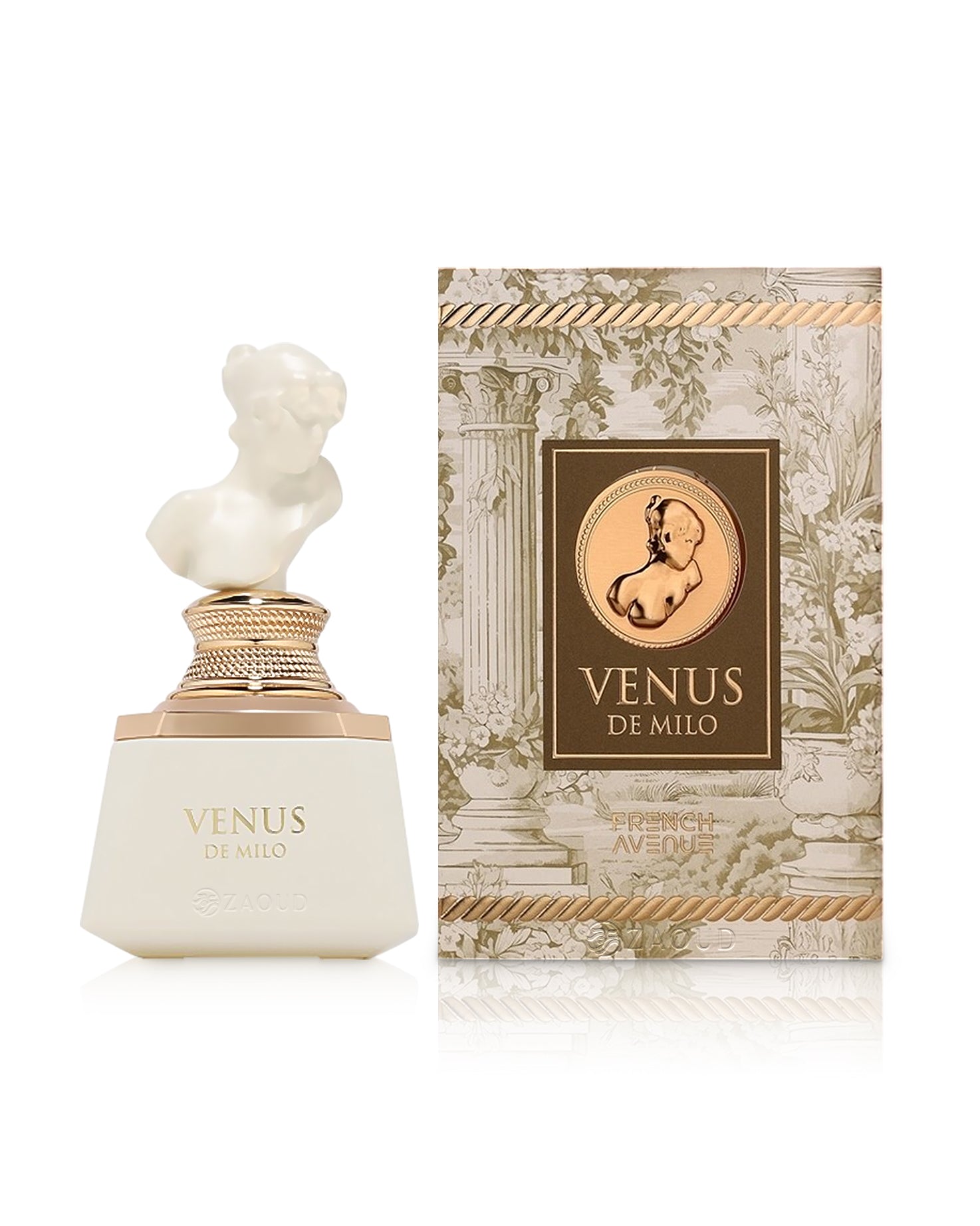 venus de milo perfume bottle shows beside its box against white background