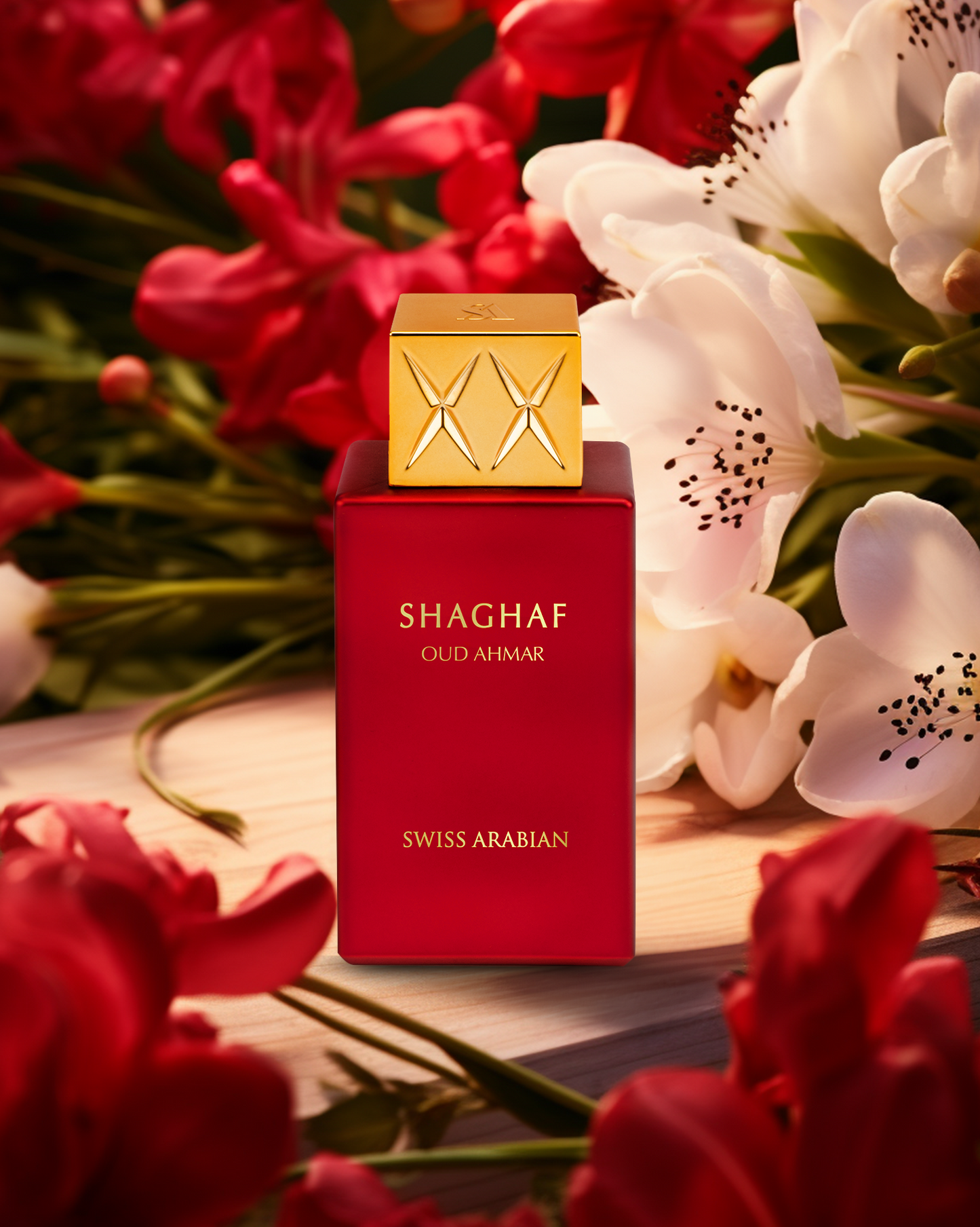 Vibrant red bottle of Swiss Arabian Shaghaf Oud Ahmar perfume with golden cap set against a backdrop of lush red tulips-and white flowers.