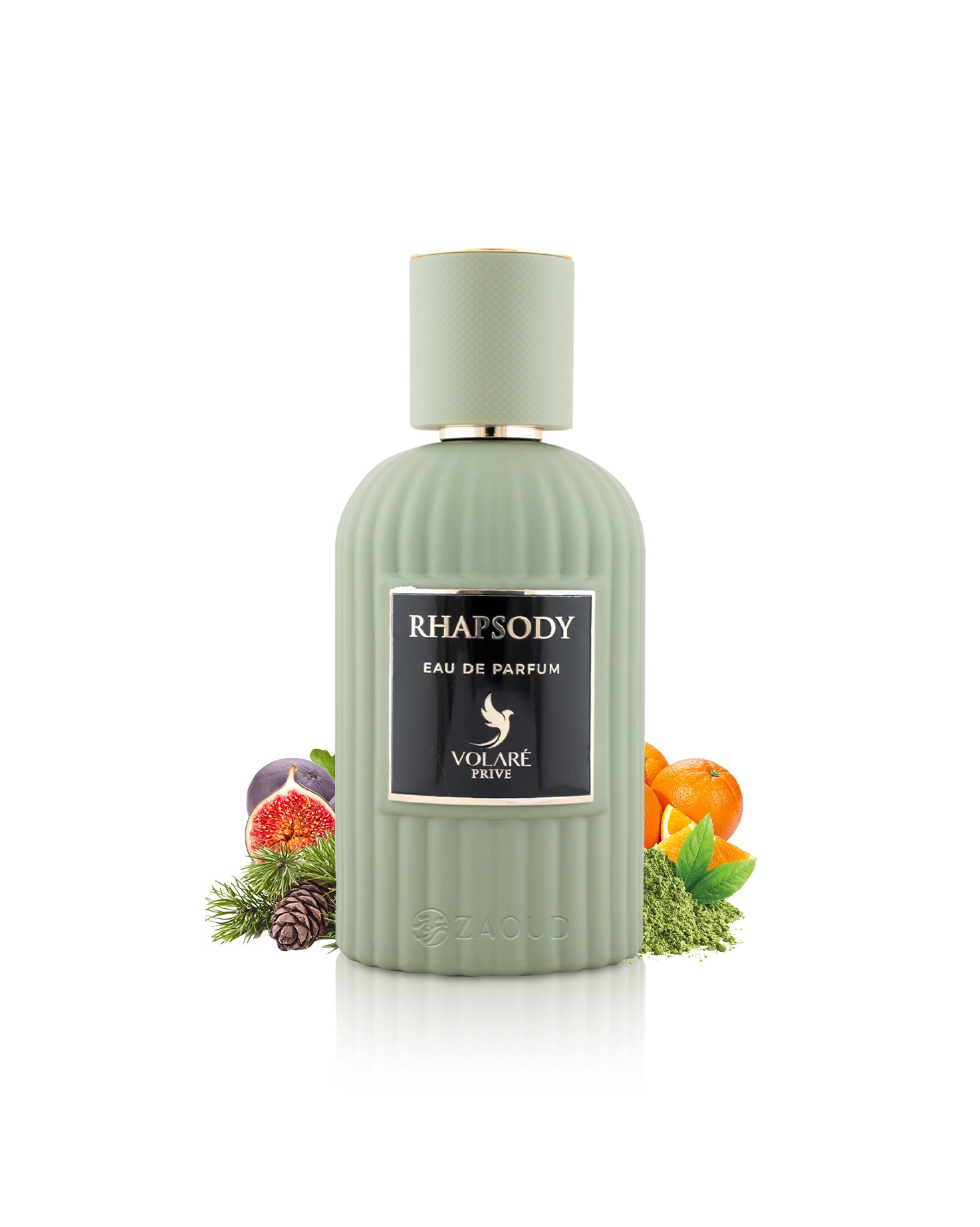 volare rhapsody perfume green bottle surrounded by fragrance notes like fig and matcha shows against white background
