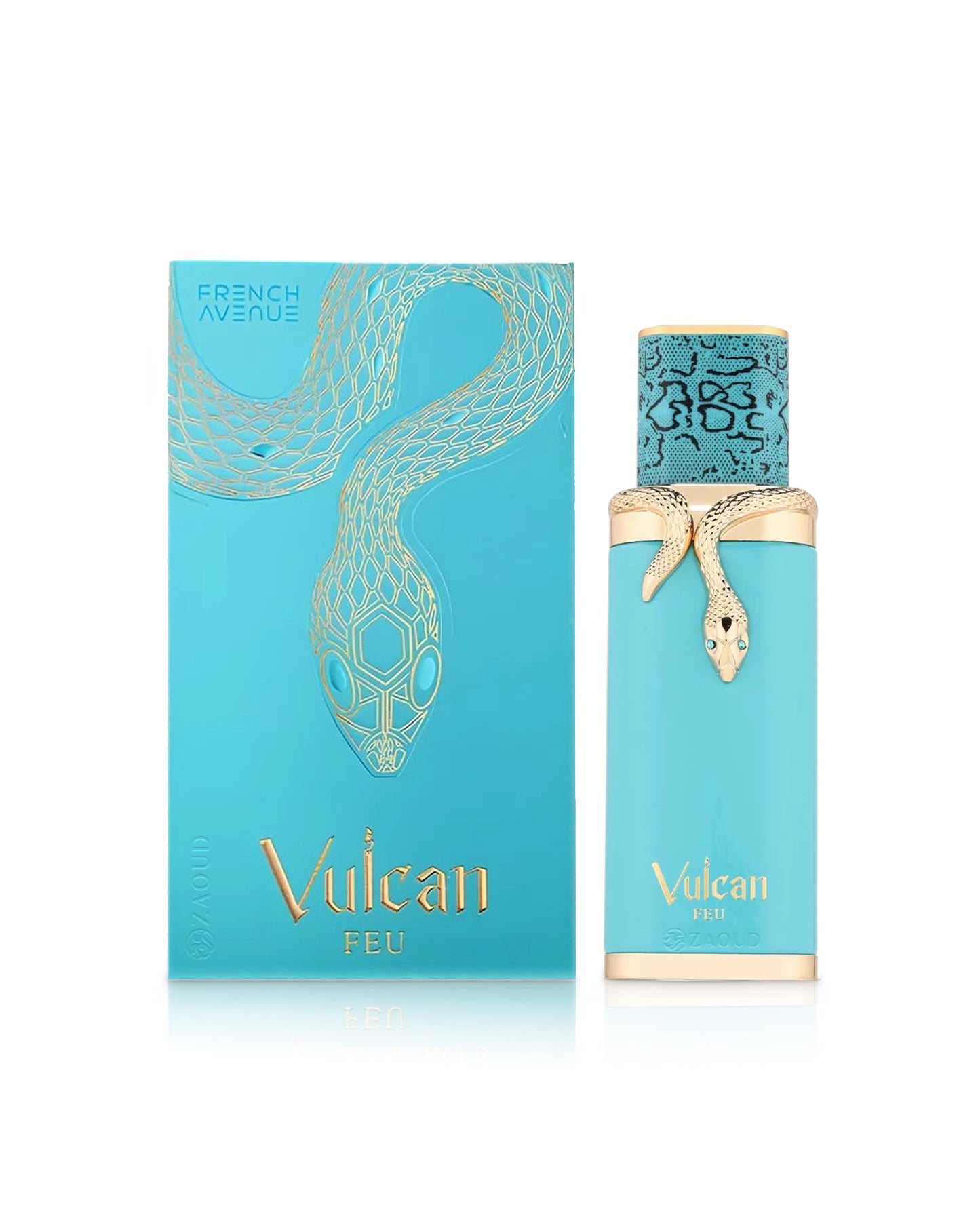 french avenue vulcan feu perfume bottle shows beside its packaging against white background