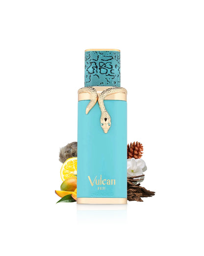 french avenue vulcan feu perfume bottle surrounded by fragrance notes like mango and oud shows against white background