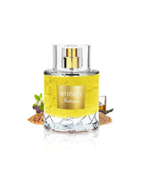 fragrance world whiskey intense perfume bottle surrounded with fragrance notes like jasmine and amber shows against white background