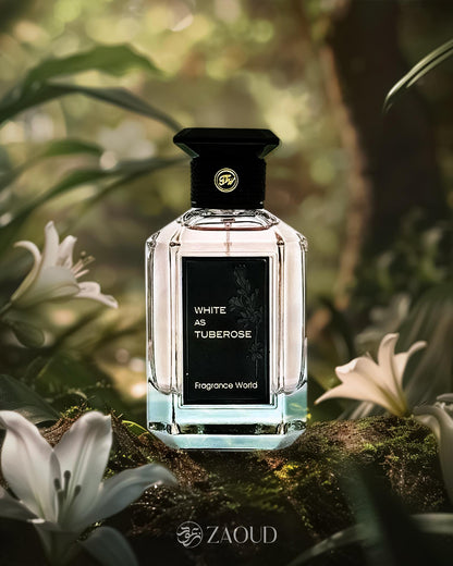 fragrance world white as tuberose perfume bottle photograph inside jungle besides showing some tuberose flowers.