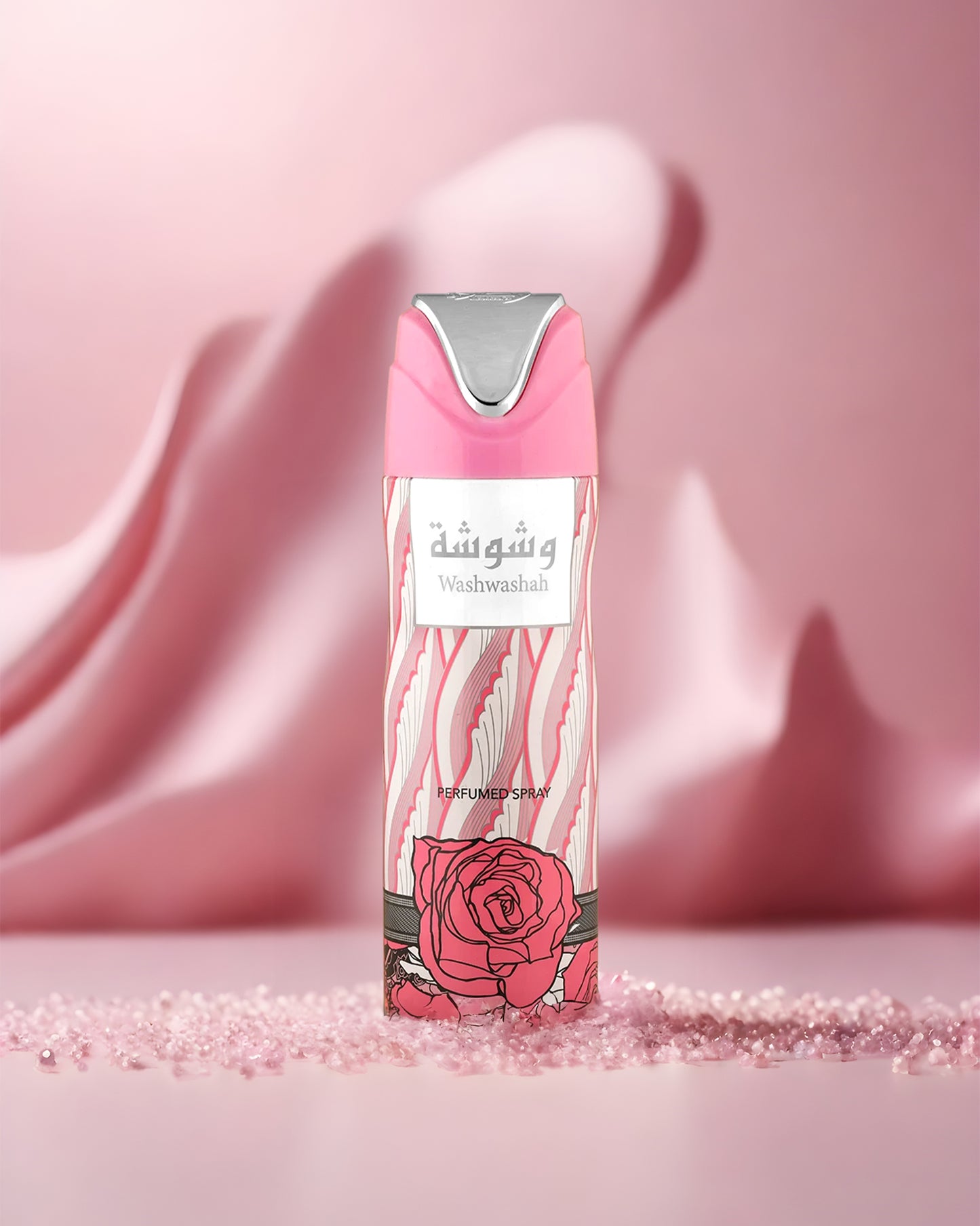 Washwasha dodorant bottle photograph against pink fabric at background