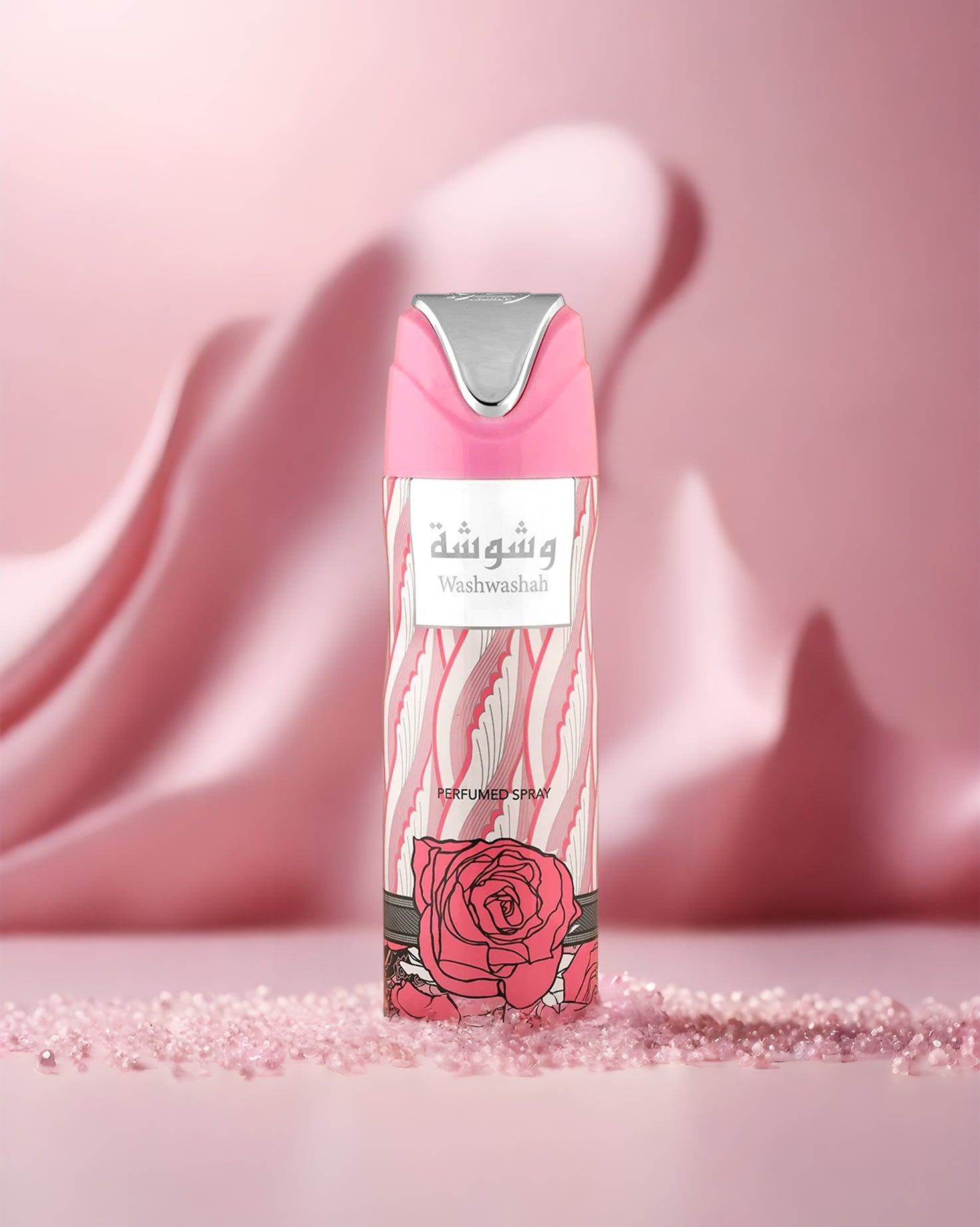 Washwasha dodorant bottle photograph against pink fabric at background