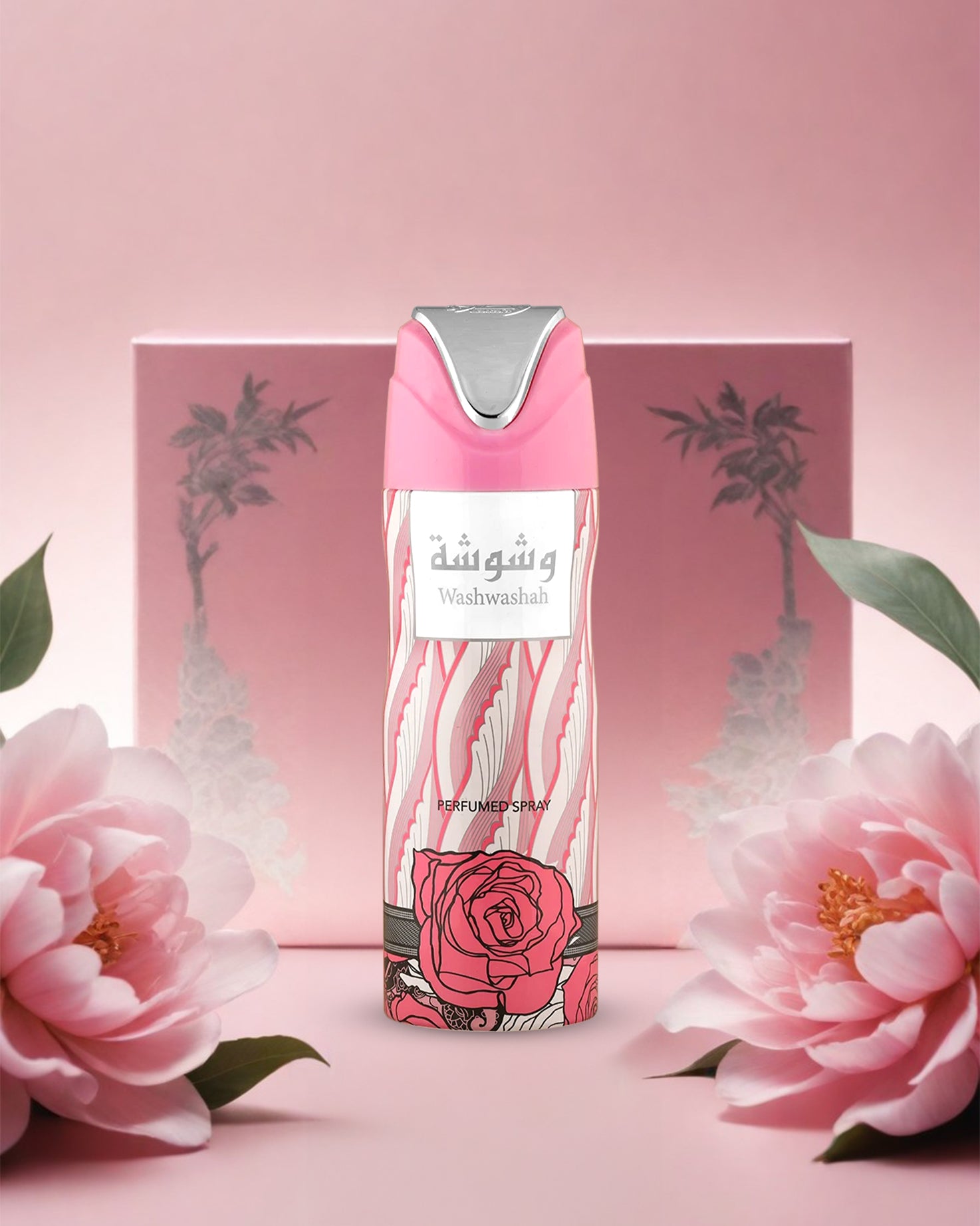 Washwasha dodorant bottle photograph besdies rose and surrounded with pink surface