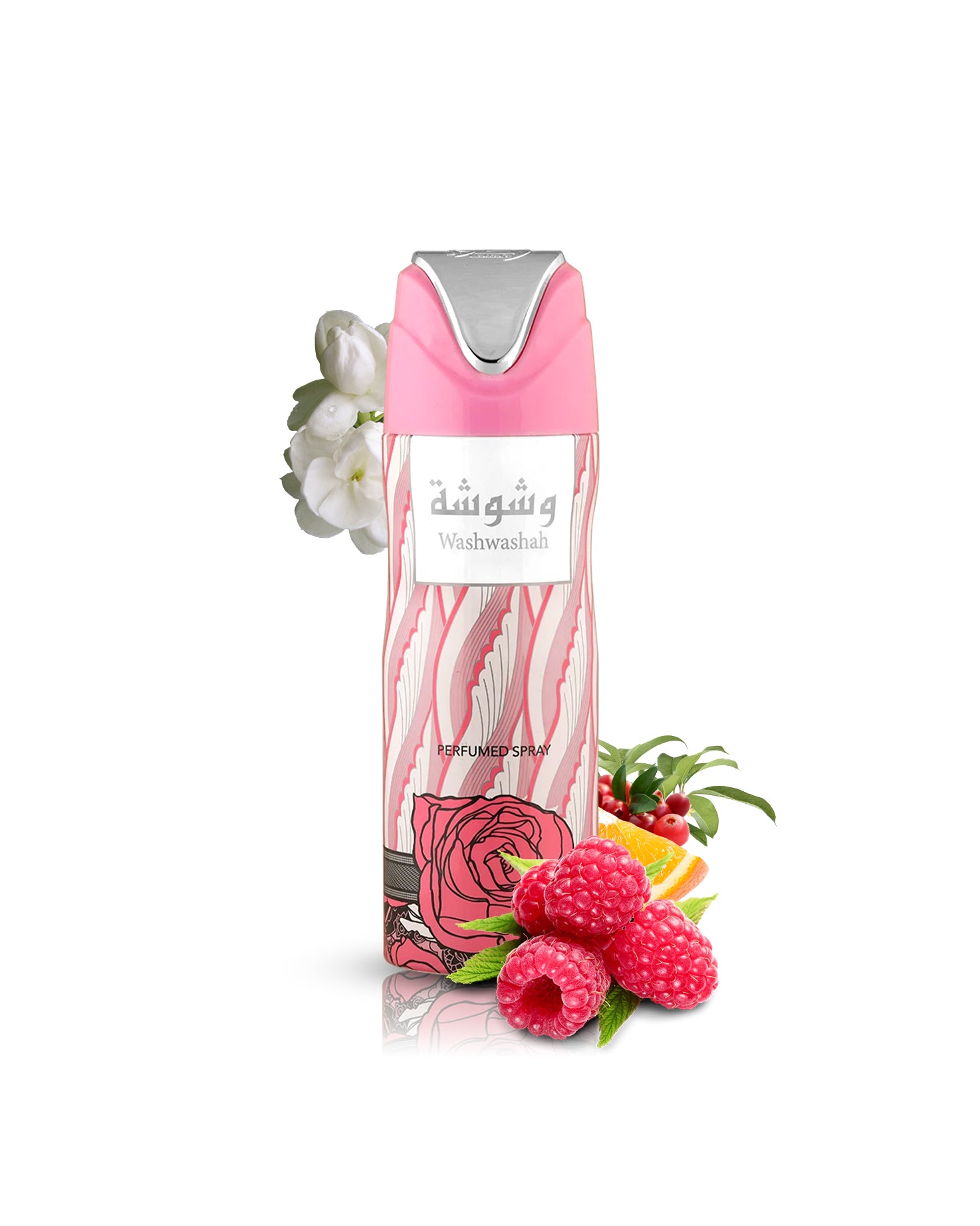Washwasha dodorant bottle surrounded by raspberry neroli against white background
