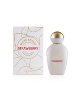 khadlaj white forest Strawberry perfume bottle shows beside its box against white background