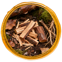 Wooden logs and roots in a woven basket with a natural background