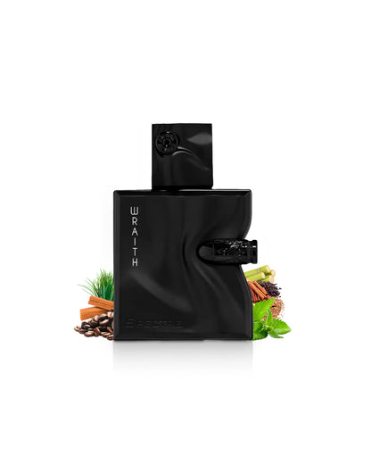 french avenue wraith spectre perfume bottle surrounded with its ingredients like sugar cane and patchouli besides many others like coffe shows from behind the bottle against white background