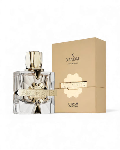Perfume bottle and packaging of Aromatix x Xandal by French Avenue on a white background