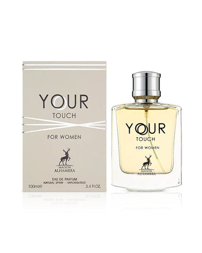 maison alhambra your touch for women perfume bottle shows beside its box against white background