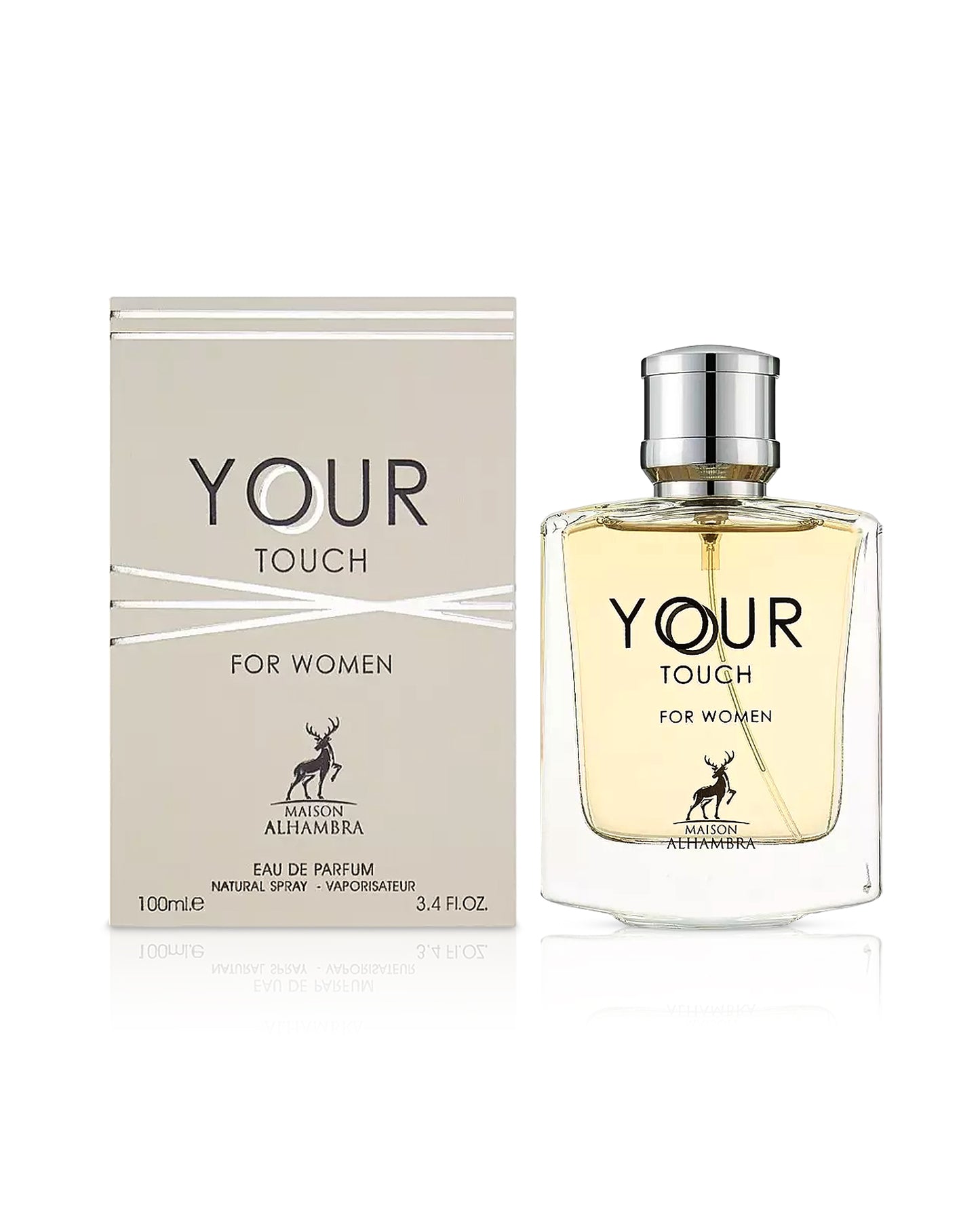 Perfume bottle and packaging of 'Your Touch for Women' by Maison Alhambra on a white background