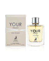 Perfume bottle and packaging of 'Your Touch for Women' by Maison Alhambra on a white background