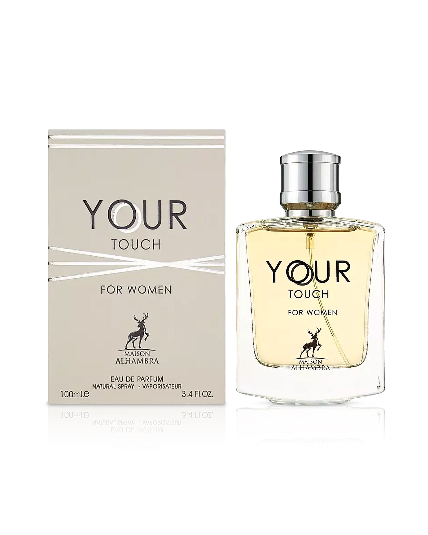 Perfume bottle and packaging of 'Your Touch for Women' by Maison Alhambra on a white background