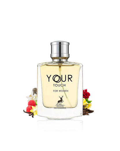 maison alhambra your touch for women perfume bottle surrounded with its ingredients like rose and oud beside many others  shows from behind the bottle against white background