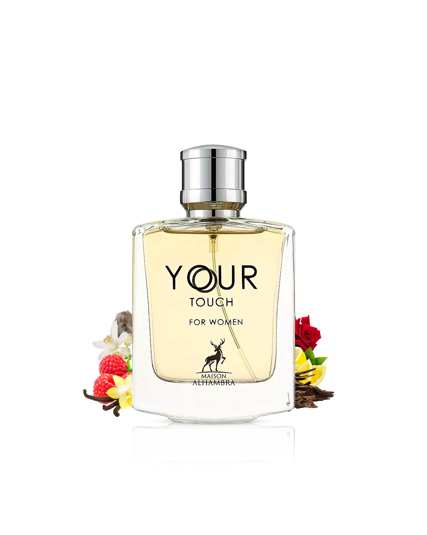 Perfume bottle labeled 'Your Touch for Women' by Maison ALHAMBRA surrounded by vanilla and rose  with floral elements on a white background