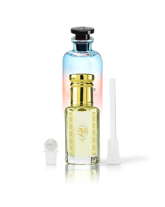 yuzu zest perfume oil bottle shows beside roller and stick with on the beach perfume bottle against white background