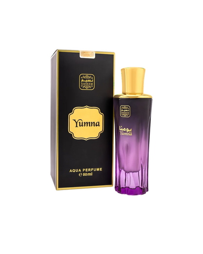 yumna aqua parfum by naseem perfume bottle beside its box shows against white background