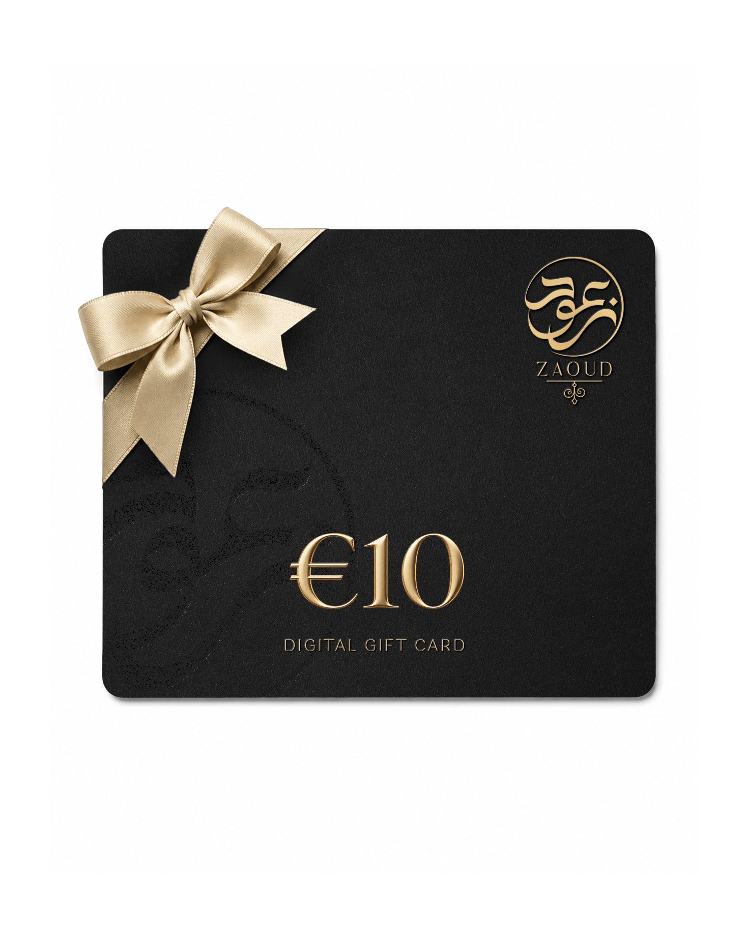 A black digital gift card with a gold ribbon bow, featuring the brand name 'ZAOUD' and '€10 DIGITAL GIFT CARD' in gold lettering, set against a plain white background.