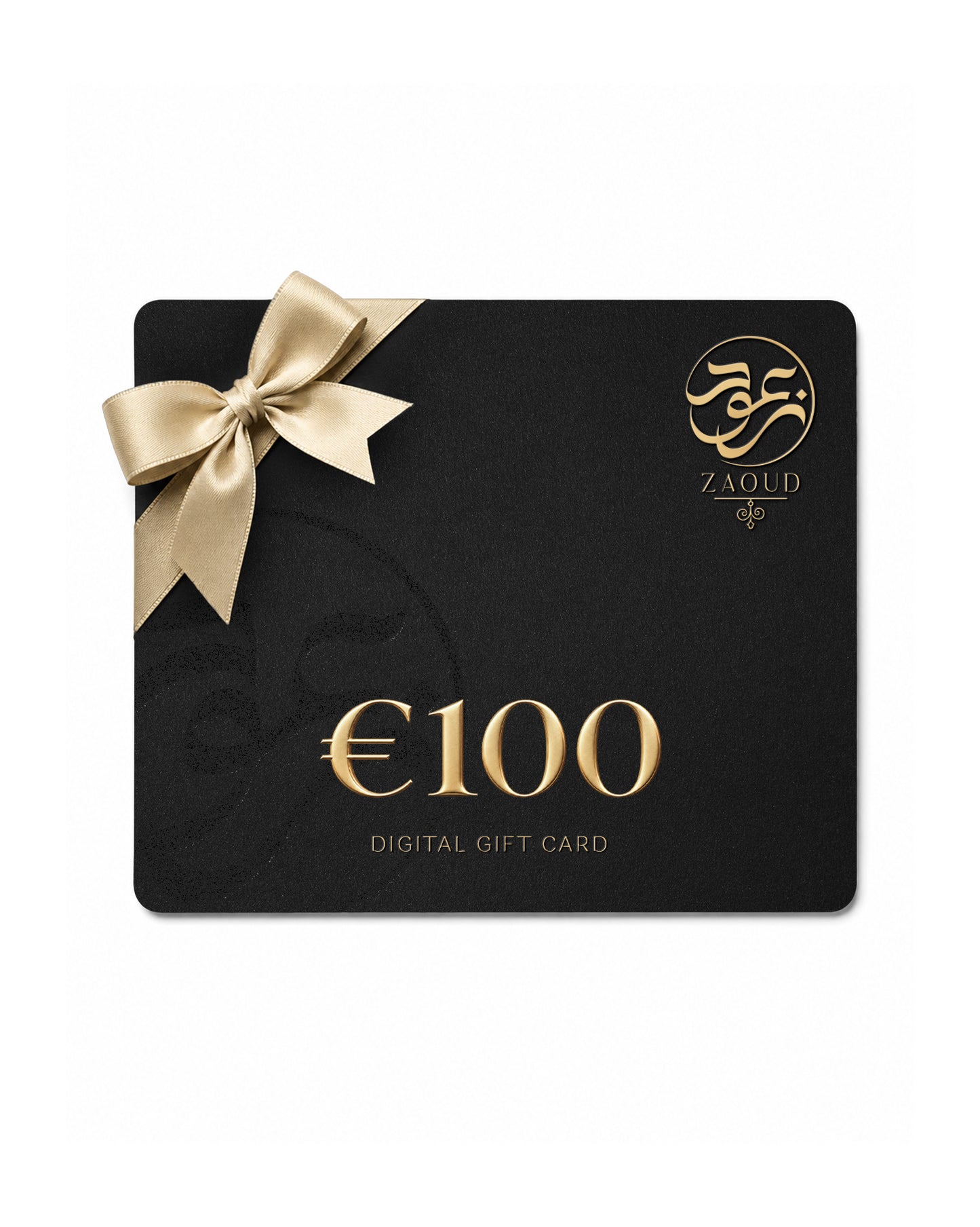 A black digital gift card with a gold ribbon bow, featuring the brand name 'ZAOUD' and '€100 DIGITAL GIFT CARD' in gold lettering, set against a plain white background.