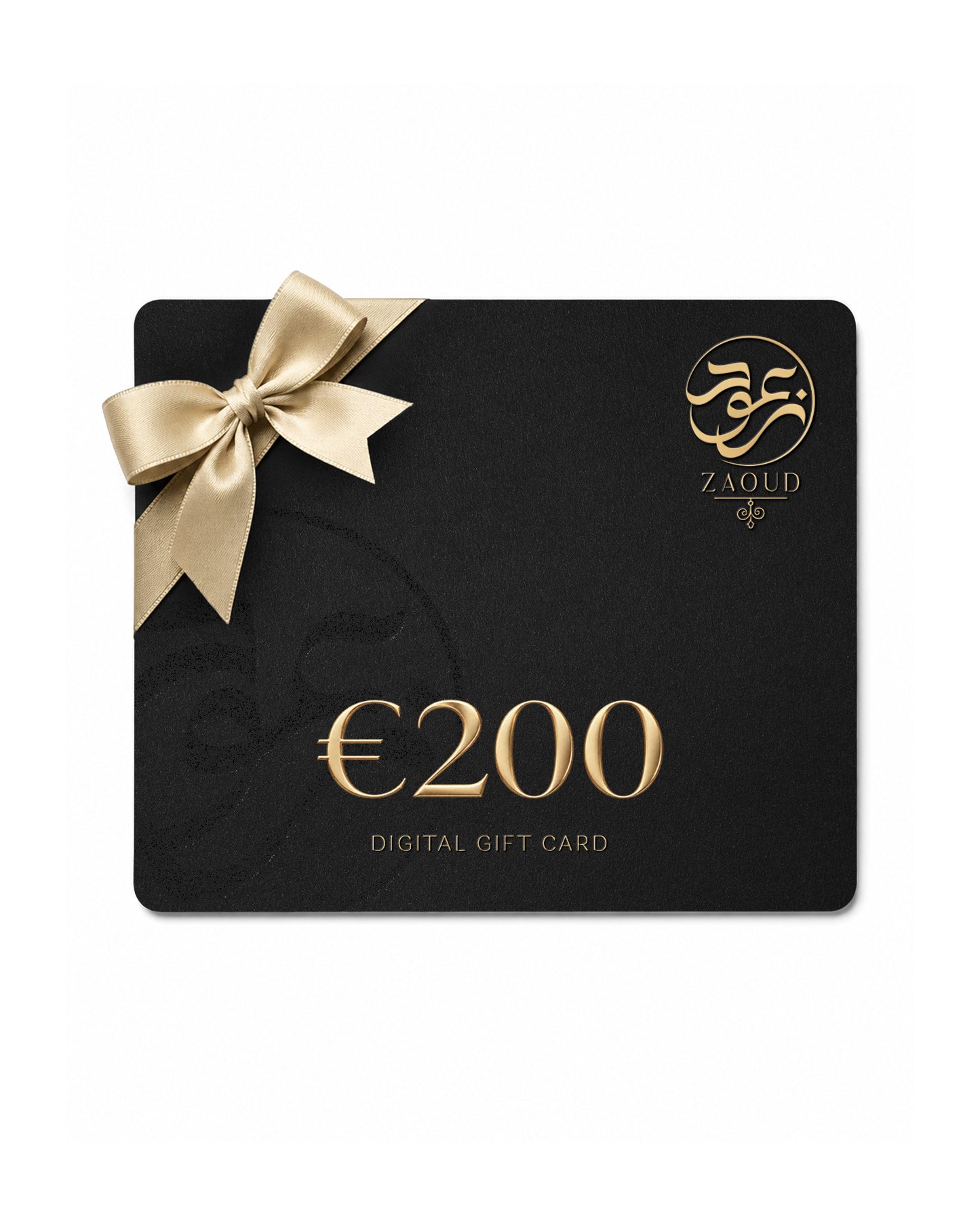 A black digital gift card with a gold ribbon bow, featuring the brand name 'ZAOUD' and '€200 DIGITAL GIFT CARD' in gold lettering, shown on a plain white background.