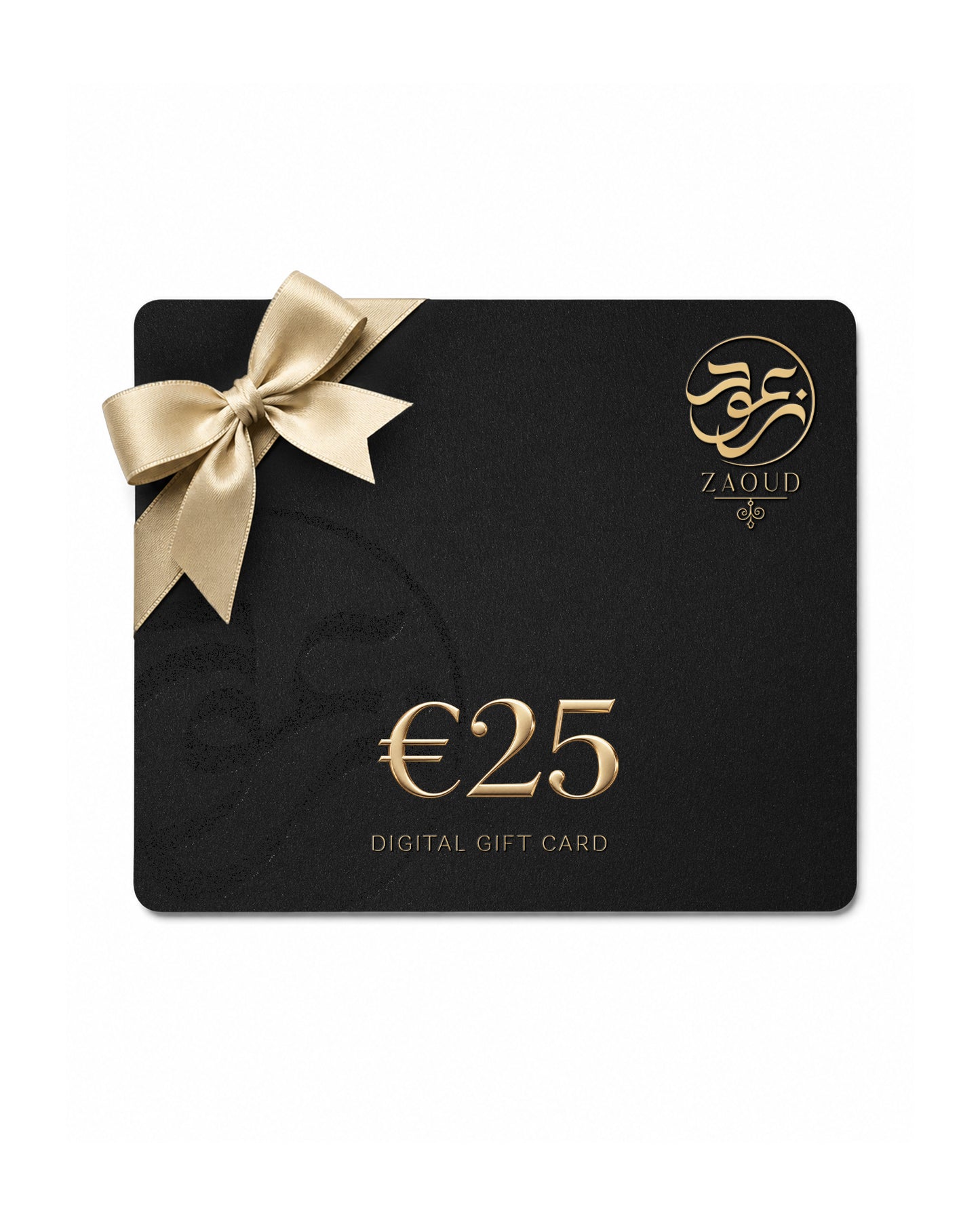 A black rectangular digital gift card with a gold ribbon bow on the top left, featuring the ZALOUD logo and '€25 DIGITAL GIFT CARD' in gold text on a white background.