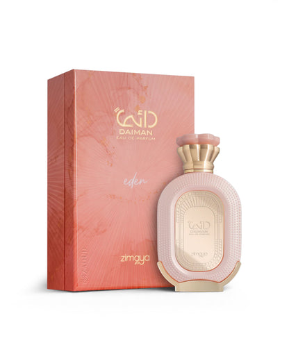 zimaya daiman eden perfume bottle shows beside its packaging against white background