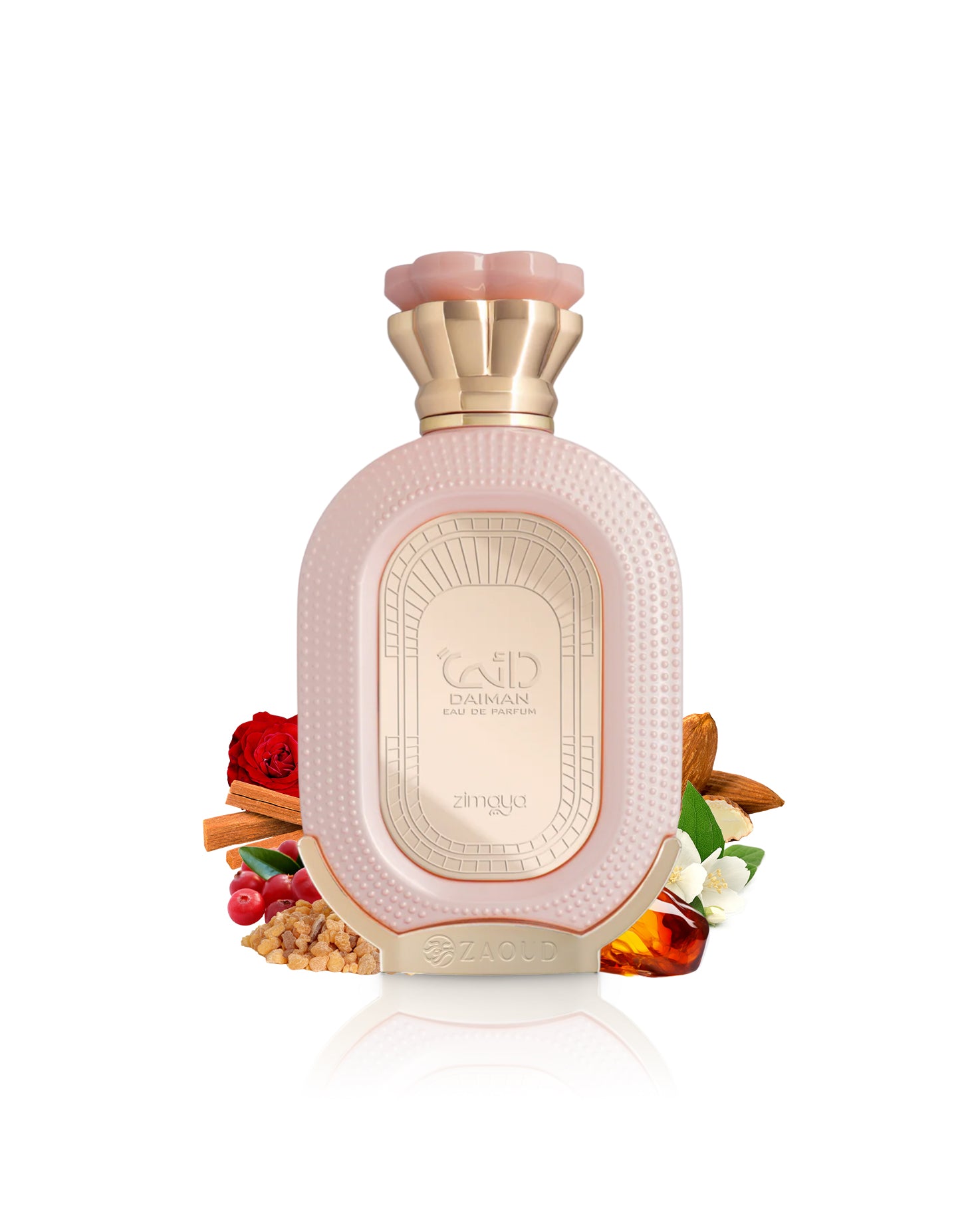 zimaya daiman eden perfume bottle surrounded by fragrance notes like rose and amber shows against white background