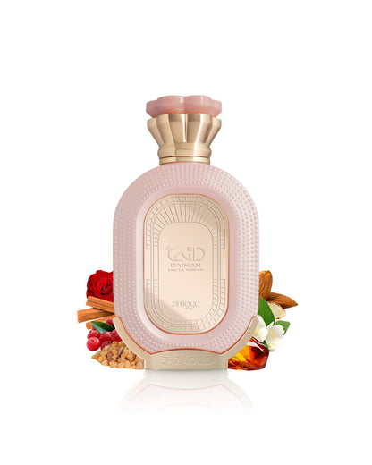 zimaya daiman eden perfume bottle surrounded by fragrance notes like rose and amber shows against white background