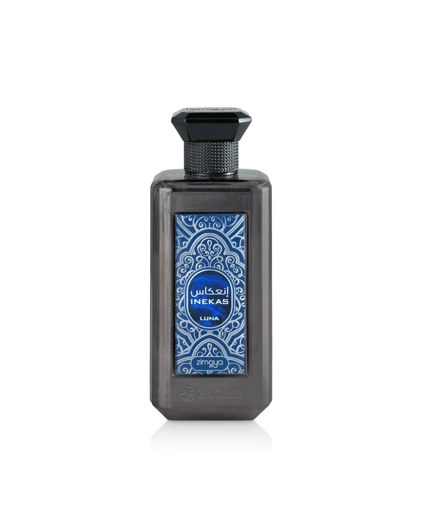 zimaya inekas luna Perfume bottle with blue decorative label on a white background