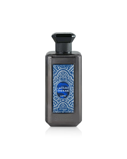 zimaya inekas luna Perfume bottle with blue decorative label on a white background