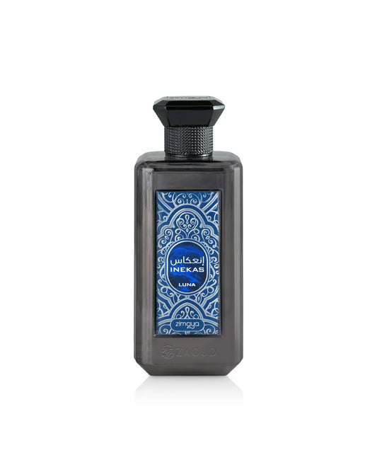 zimaya inekas luna Perfume bottle with blue decorative label on a white background