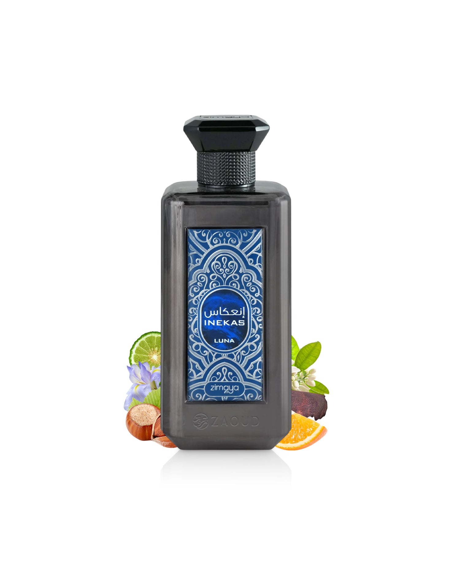 zimaya inekas luna Perfume bottle with decorative elements like chestnut and orange  on a white background