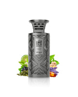 zimaya modesh noble perfume bottle surrounded by fragrance notes like spices and amber shows against white background