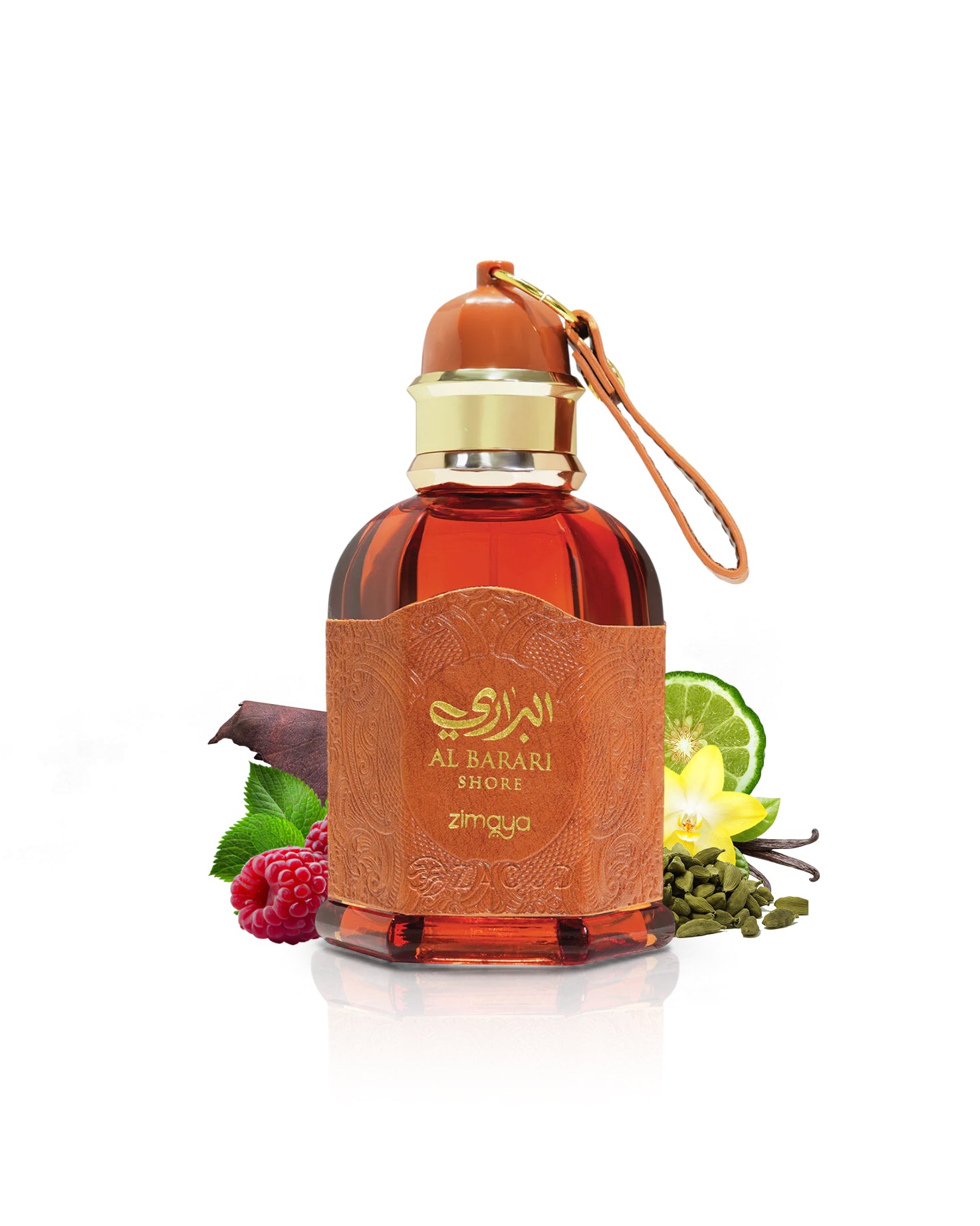 zimaya al barari shore perfume bottle surrounded by fragrance notes like raspberry and cardamom shows against white background