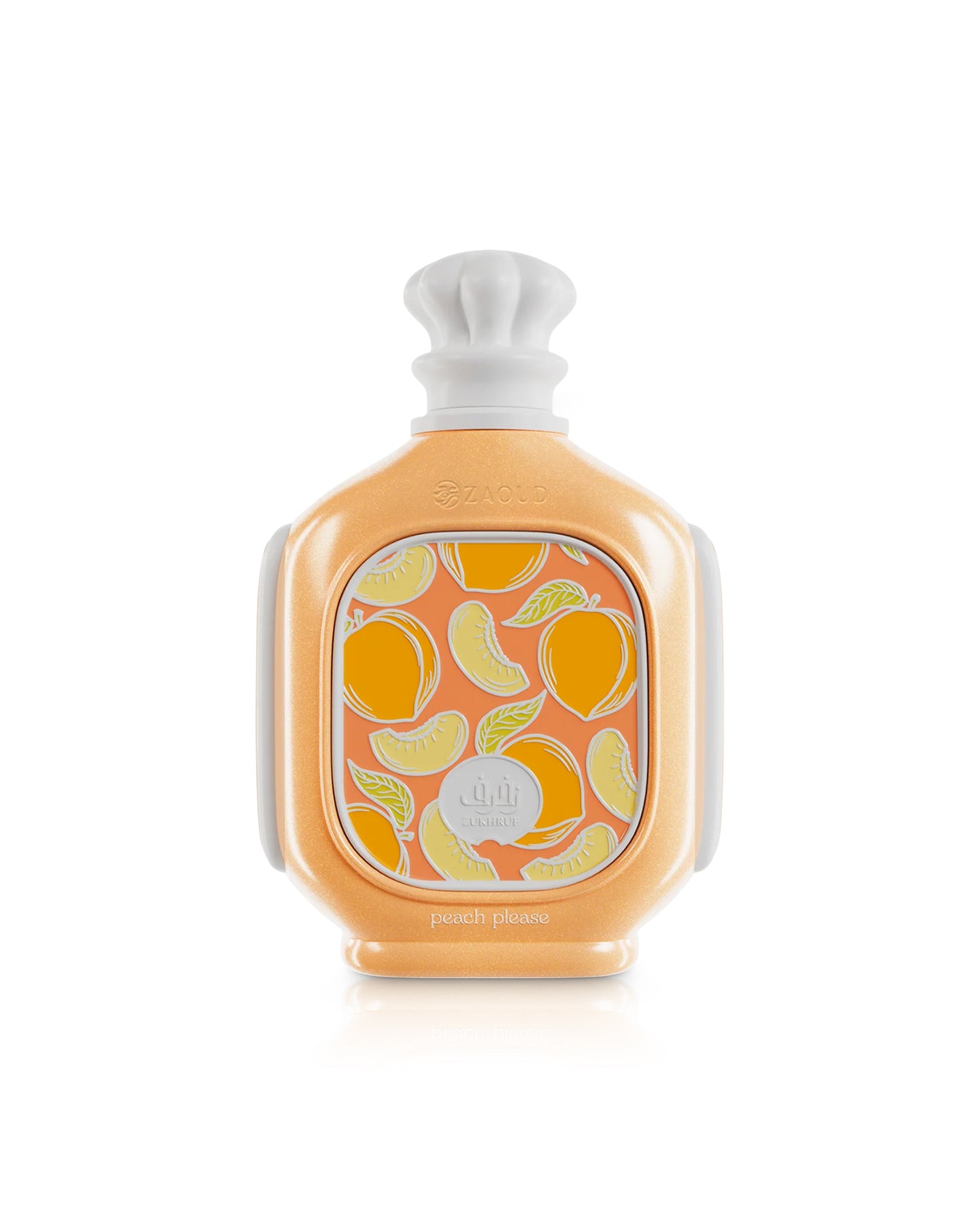 ZIMAYA zukhruf peach please perfume bottle shows against white background